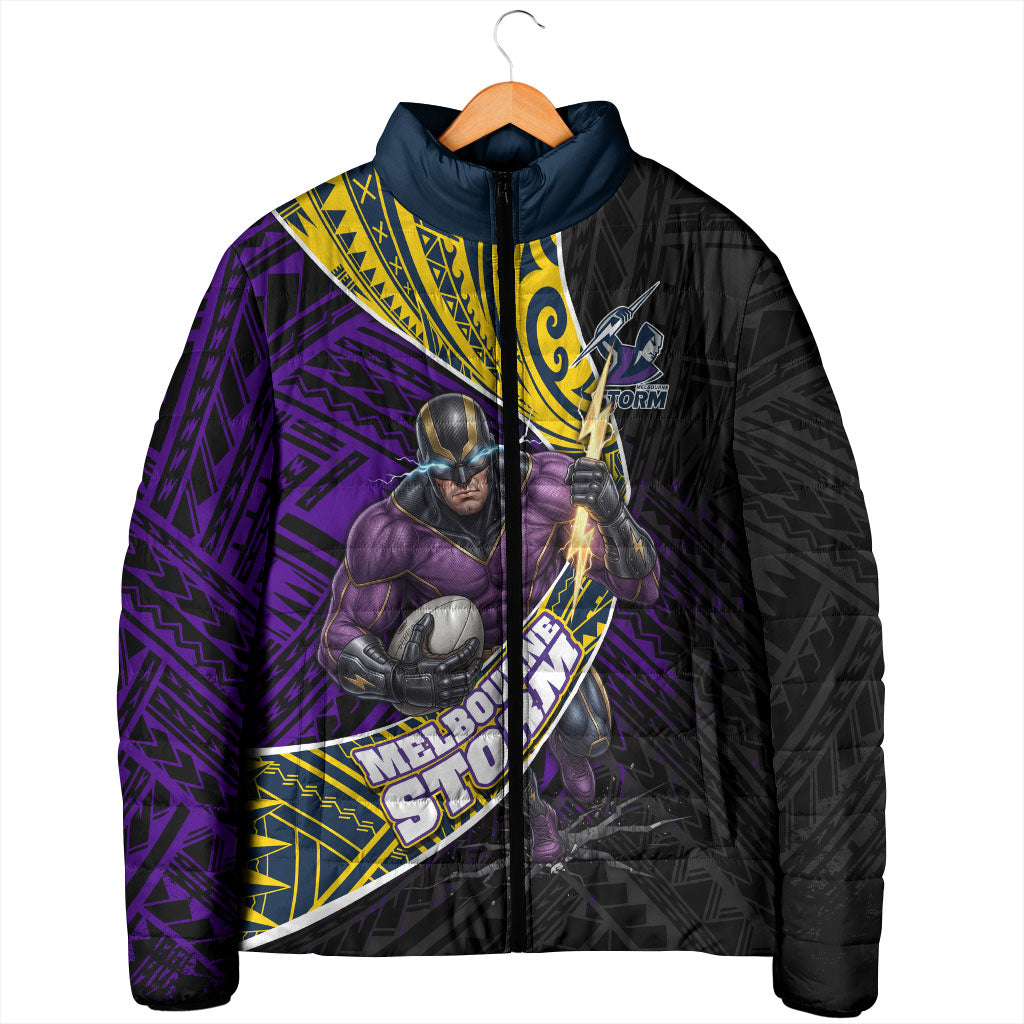Melbourne Storm Rugby Padded Jacket Tribal Polynesian Power Art - Lightning Mascot