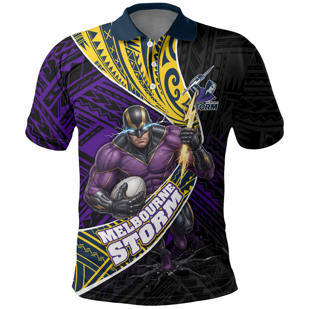 Melbourne Storm Rugby Polo Shirt Tribal Polynesian Power Art - Lightning Mascot