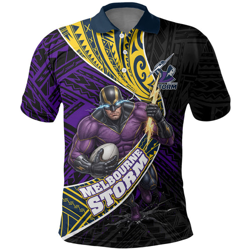 Melbourne Storm Rugby Polo Shirt Tribal Polynesian Power Art - Lightning Mascot