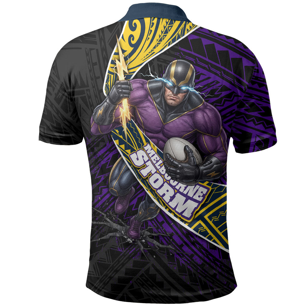 Melbourne Storm Rugby Polo Shirt Tribal Polynesian Power Art - Lightning Mascot