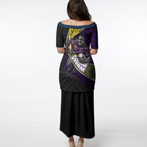 Melbourne Storm Rugby Puletasi Tribal Polynesian Power Art - Lightning Mascot