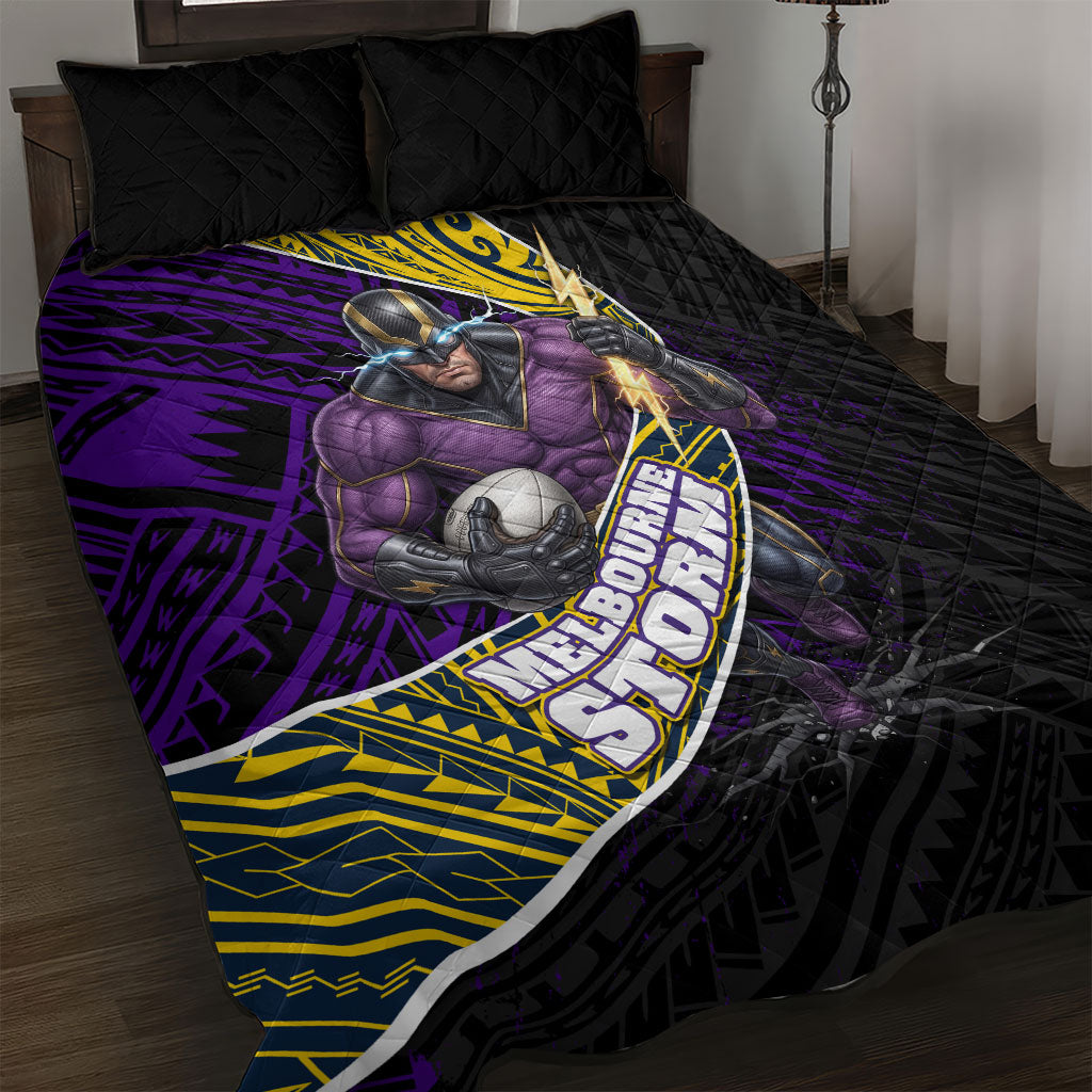 Melbourne Storm Rugby Quilt Bed Set Tribal Polynesian Power Art - Lightning Mascot