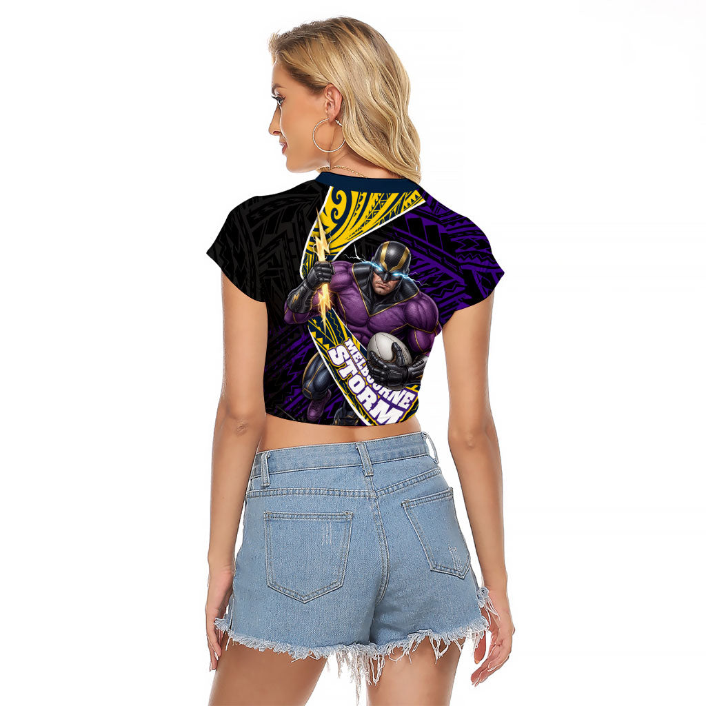 Melbourne Storm Rugby Raglan Cropped T Shirt Tribal Polynesian Power Art - Lightning Mascot