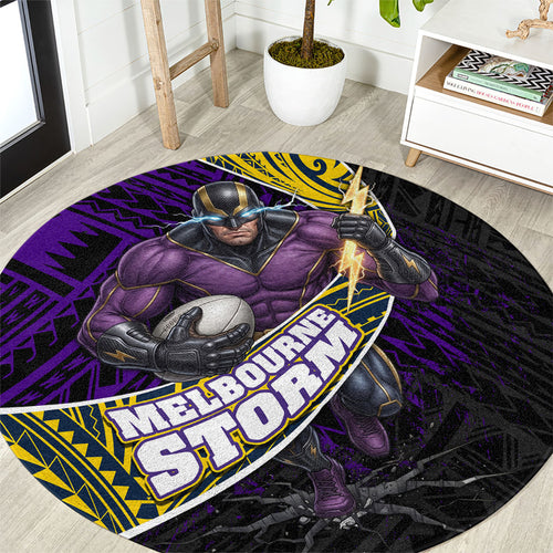 Melbourne Storm Rugby Round Carpet Tribal Polynesian Power Art - Lightning Mascot