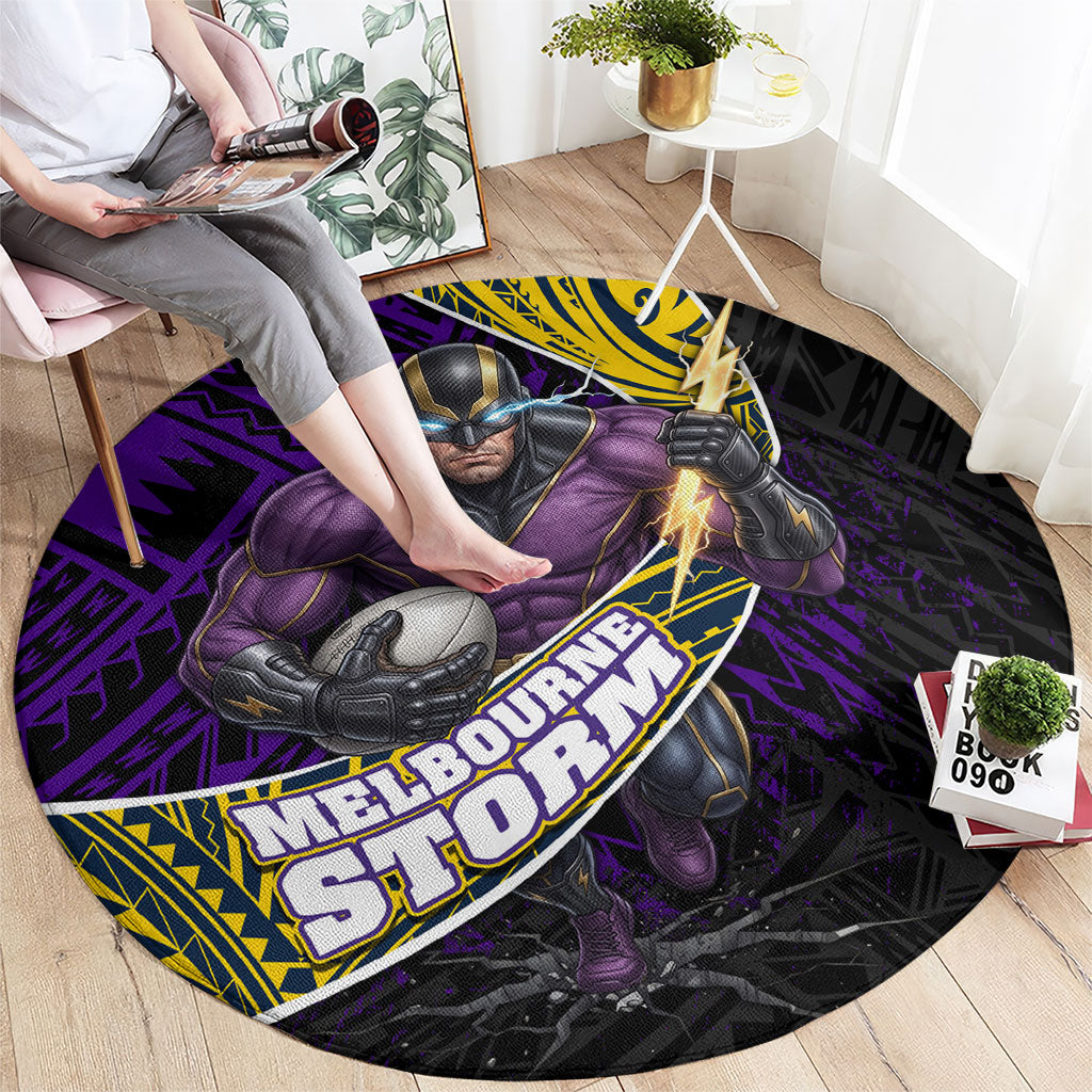 Melbourne Storm Rugby Round Carpet Tribal Polynesian Power Art - Lightning Mascot
