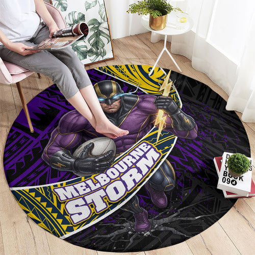 Melbourne Storm Rugby Round Carpet Tribal Polynesian Power Art - Lightning Mascot
