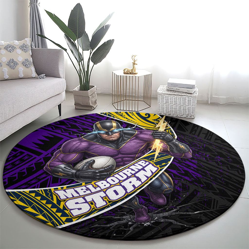 Melbourne Storm Rugby Round Carpet Tribal Polynesian Power Art - Lightning Mascot