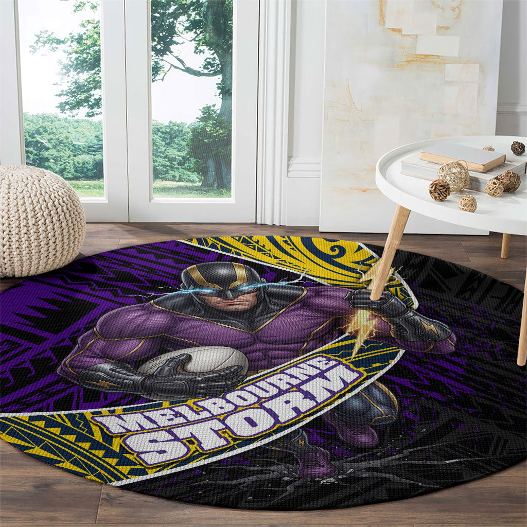 Melbourne Storm Rugby Round Carpet Tribal Polynesian Power Art - Lightning Mascot