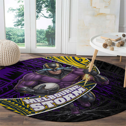 Melbourne Storm Rugby Round Carpet Tribal Polynesian Power Art - Lightning Mascot