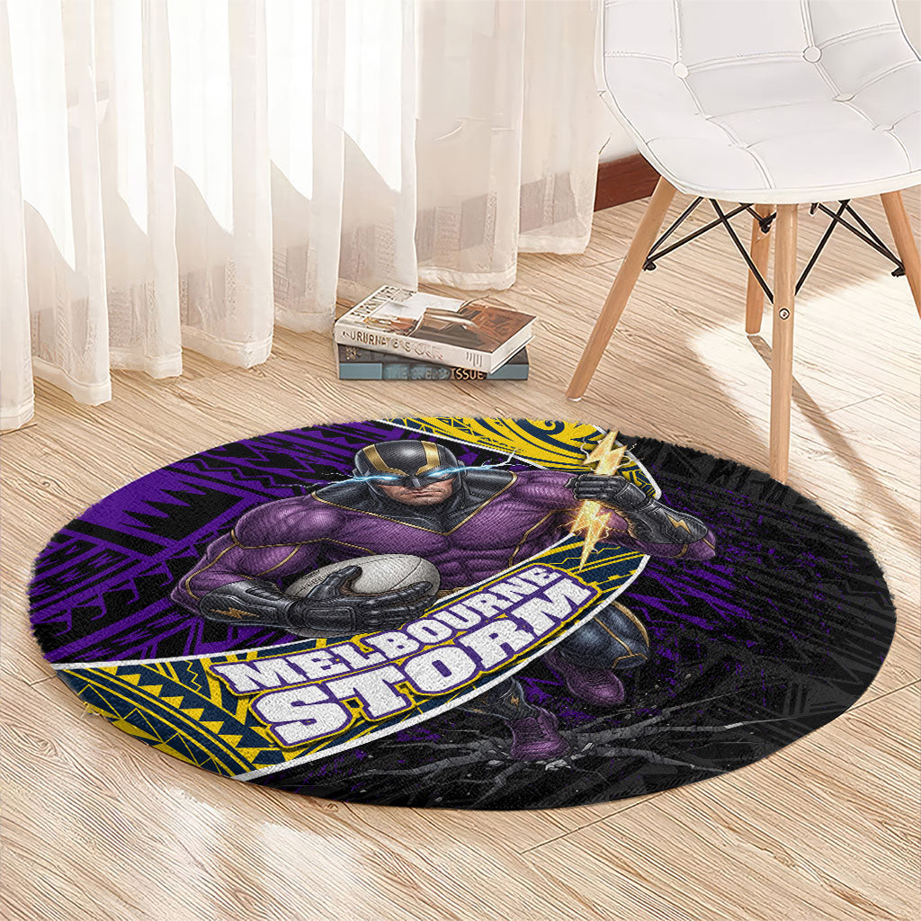 Melbourne Storm Rugby Round Carpet Tribal Polynesian Power Art - Lightning Mascot