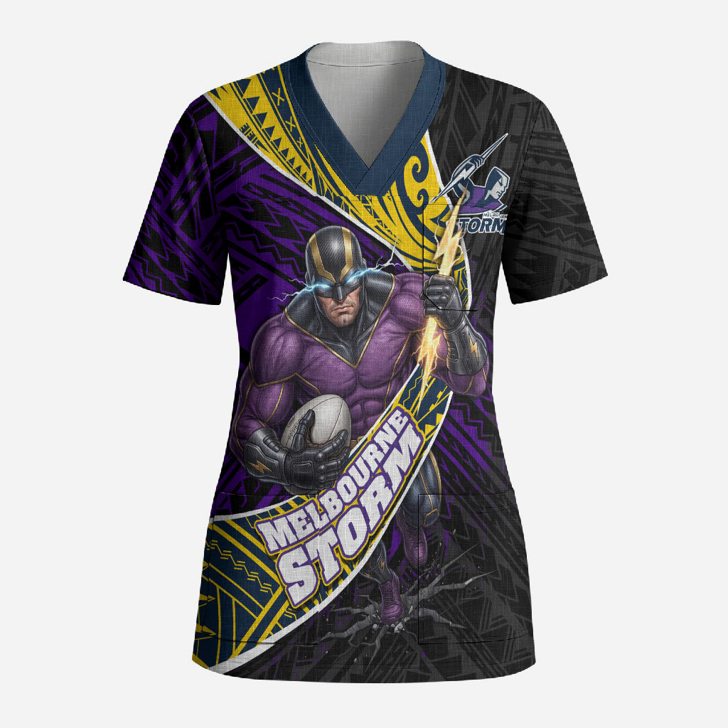 Melbourne Storm Rugby Scrub Top Tribal Polynesian Power Art - Lightning Mascot
