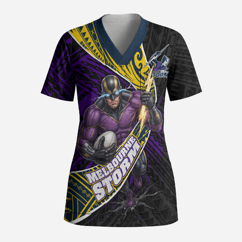 Melbourne Storm Rugby Scrub Top Tribal Polynesian Power Art - Lightning Mascot