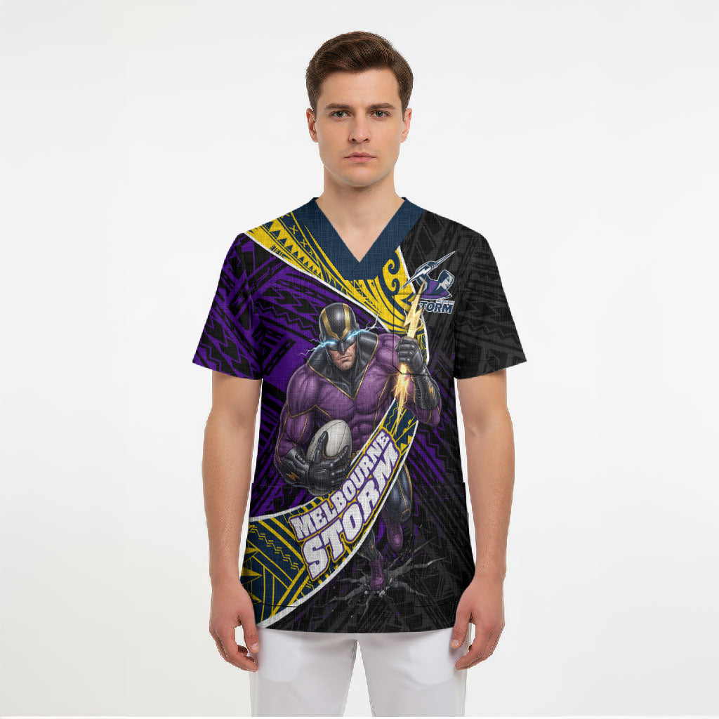 Melbourne Storm Rugby Scrub Top Tribal Polynesian Power Art - Lightning Mascot