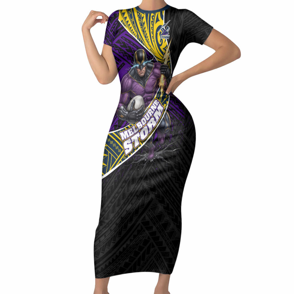 Melbourne Storm Rugby Short Sleeve Bodycon Dress Tribal Polynesian Power Art - Lightning Mascot