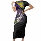 Melbourne Storm Rugby Short Sleeve Bodycon Dress Tribal Polynesian Power Art - Lightning Mascot