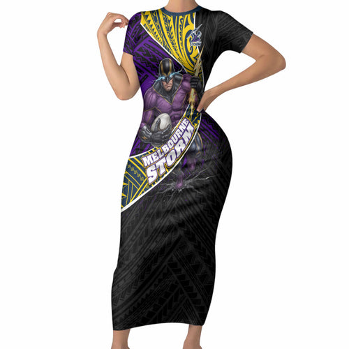 Melbourne Storm Rugby Short Sleeve Bodycon Dress Tribal Polynesian Power Art - Lightning Mascot