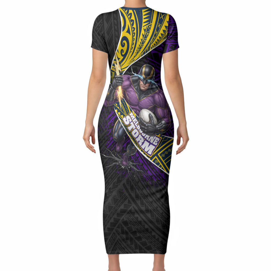 Melbourne Storm Rugby Short Sleeve Bodycon Dress Tribal Polynesian Power Art - Lightning Mascot