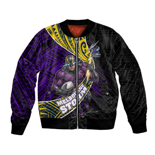 Melbourne Storm Rugby Sleeve Zip Bomber Jacket Tribal Polynesian Power Art - Lightning Mascot