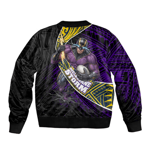 Melbourne Storm Rugby Sleeve Zip Bomber Jacket Tribal Polynesian Power Art - Lightning Mascot