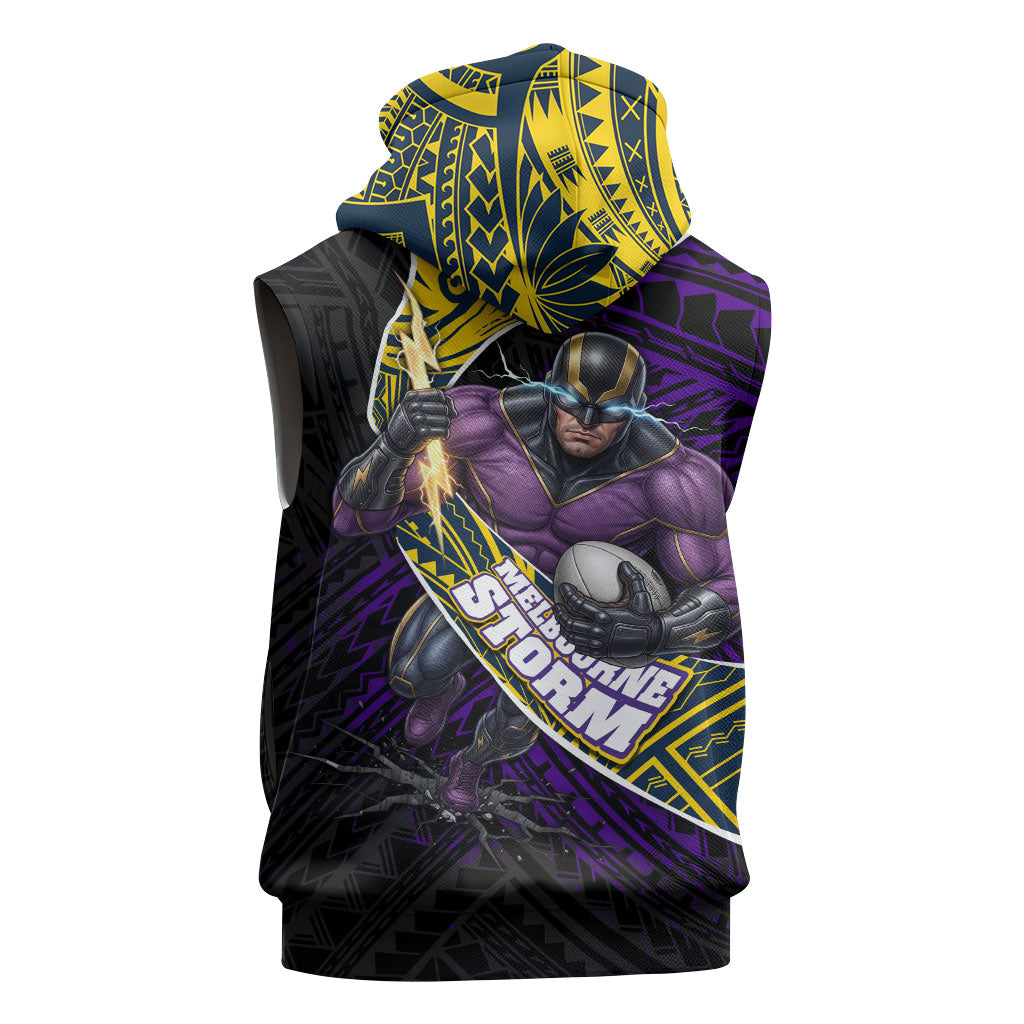 Melbourne Storm Rugby Sleeveless Hoodie Tribal Polynesian Power Art - Lightning Mascot