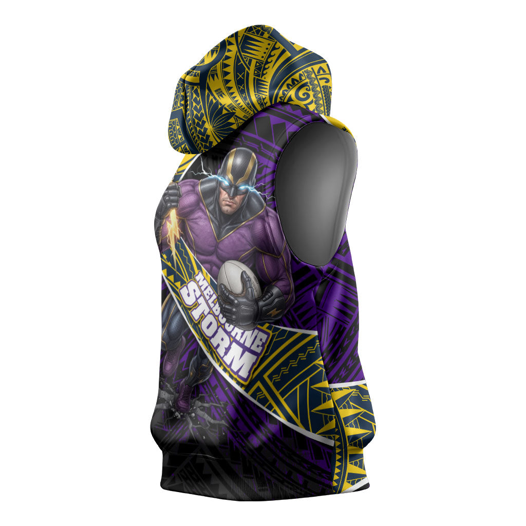 Melbourne Storm Rugby Sleeveless Hoodie Tribal Polynesian Power Art - Lightning Mascot