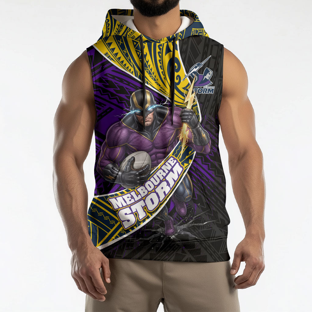 Melbourne Storm Rugby Sleeveless Hoodie Tribal Polynesian Power Art - Lightning Mascot