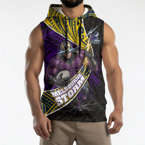 Melbourne Storm Rugby Sleeveless Hoodie Tribal Polynesian Power Art - Lightning Mascot