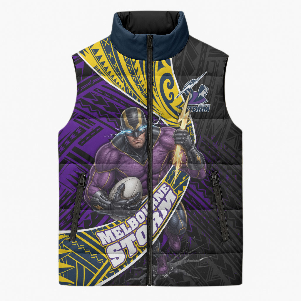 Melbourne Storm Rugby Sleeveless Puffer Jacket Tribal Polynesian Power Art - Lightning Mascot