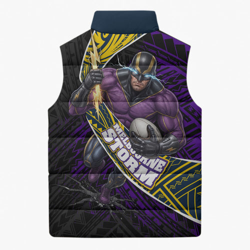 Melbourne Storm Rugby Sleeveless Puffer Jacket Tribal Polynesian Power Art - Lightning Mascot