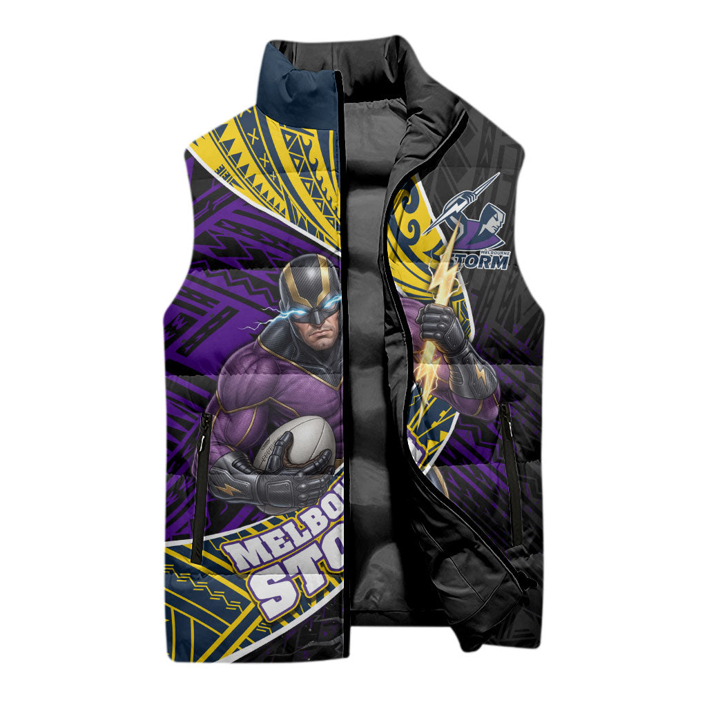 Melbourne Storm Rugby Sleeveless Puffer Jacket Tribal Polynesian Power Art - Lightning Mascot