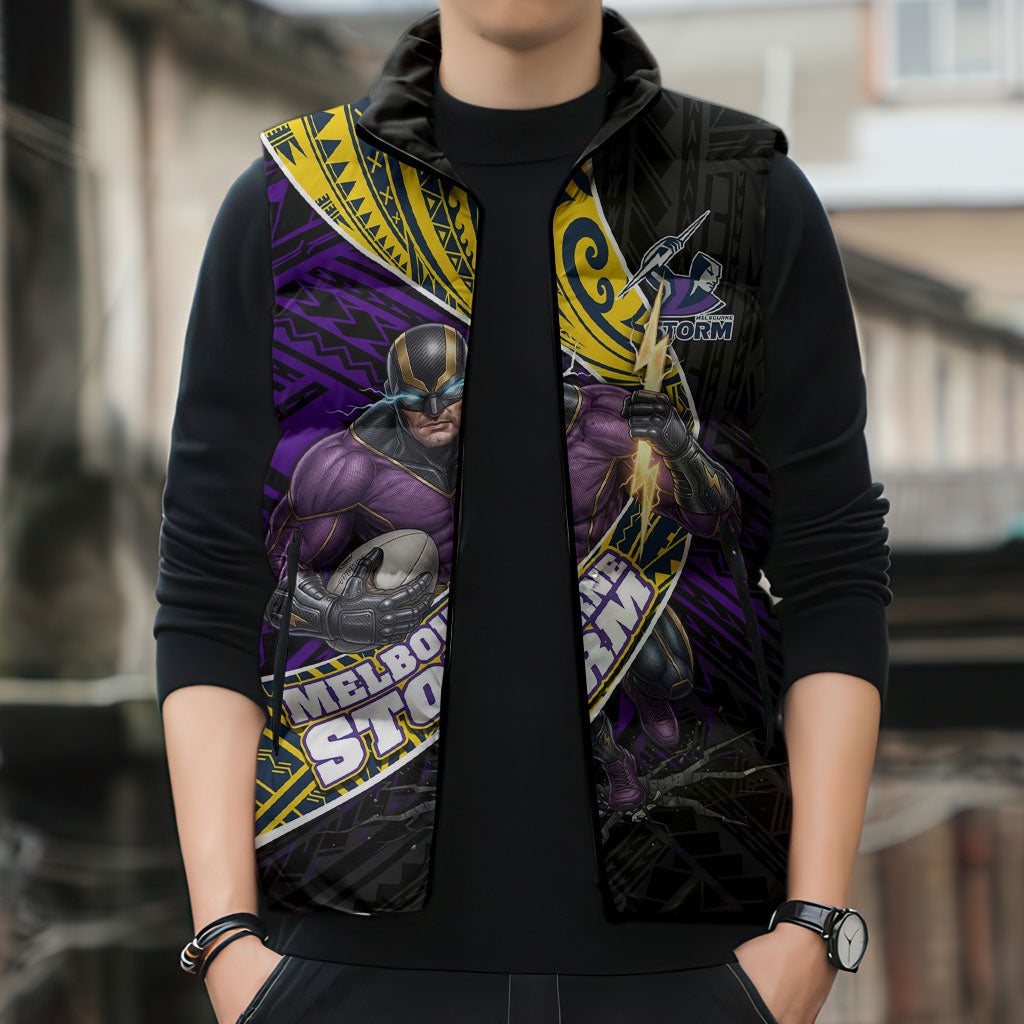 Melbourne Storm Rugby Sleeveless Puffer Jacket Tribal Polynesian Power Art - Lightning Mascot