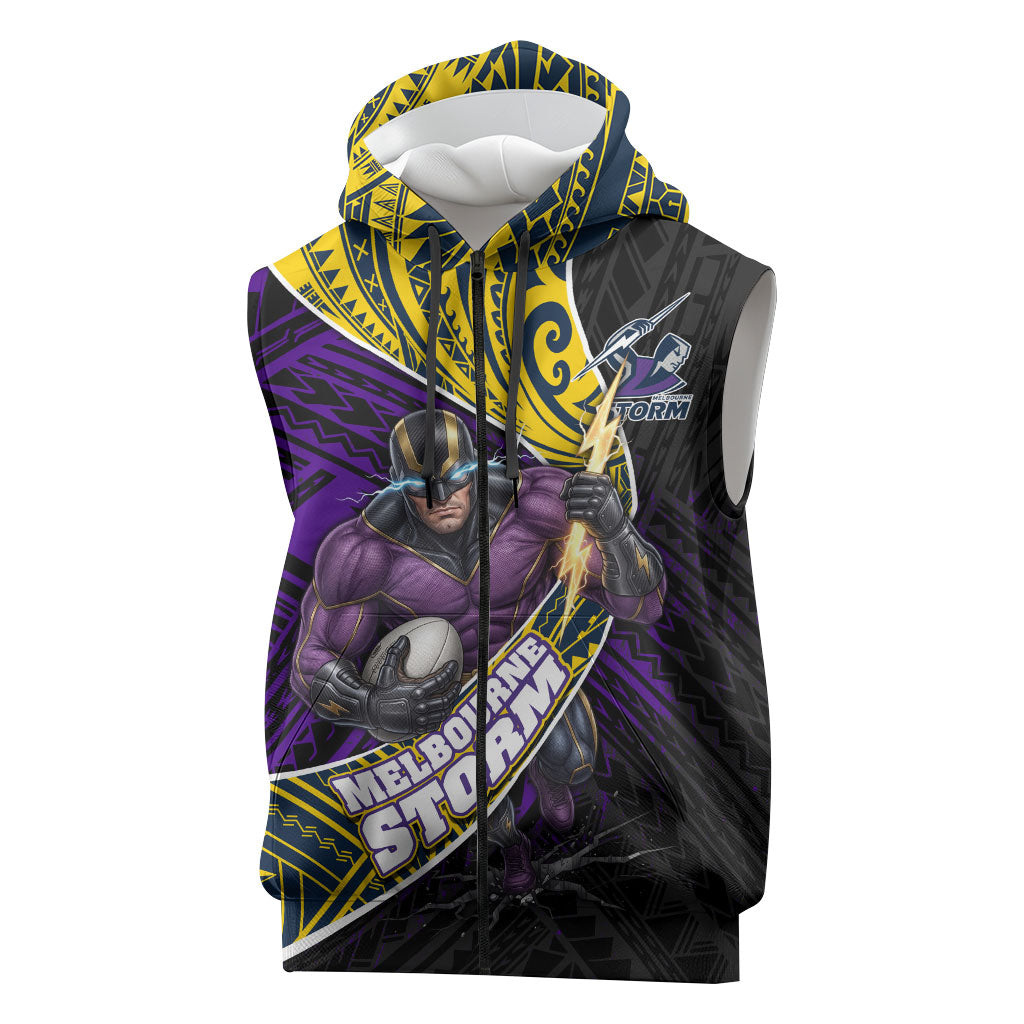 Melbourne Storm Rugby Sleeveless Zip Hoodie Tribal Polynesian Power Art - Lightning Mascot