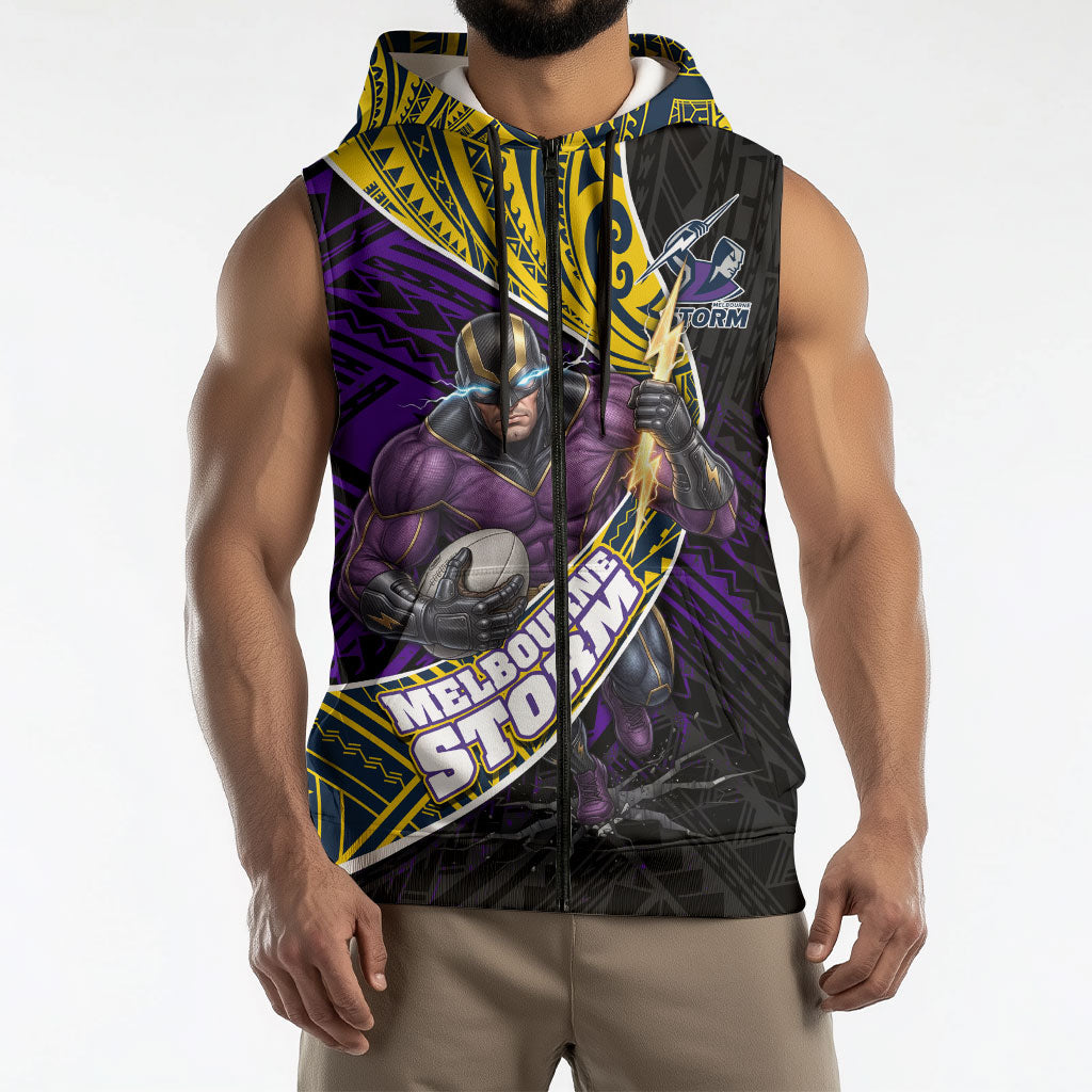 Melbourne Storm Rugby Sleeveless Zip Hoodie Tribal Polynesian Power Art - Lightning Mascot