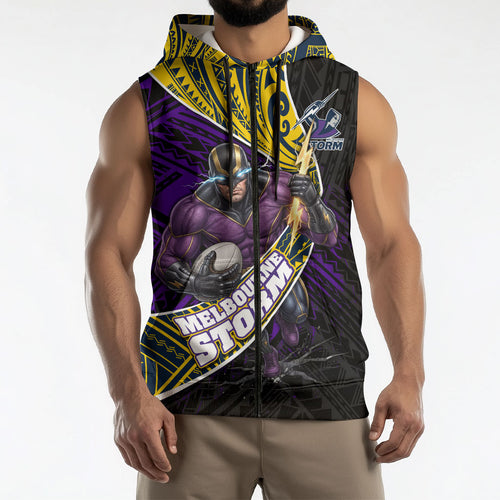 Melbourne Storm Rugby Sleeveless Zip Hoodie Tribal Polynesian Power Art - Lightning Mascot