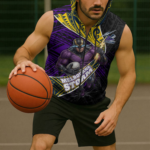 Melbourne Storm Rugby Sleeveless Zip Hoodie Tribal Polynesian Power Art - Lightning Mascot