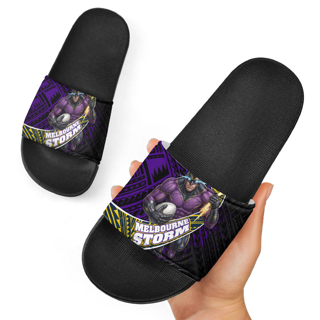 Melbourne Storm Rugby Slide Sandals Tribal Polynesian Power Art - Lightning Mascot