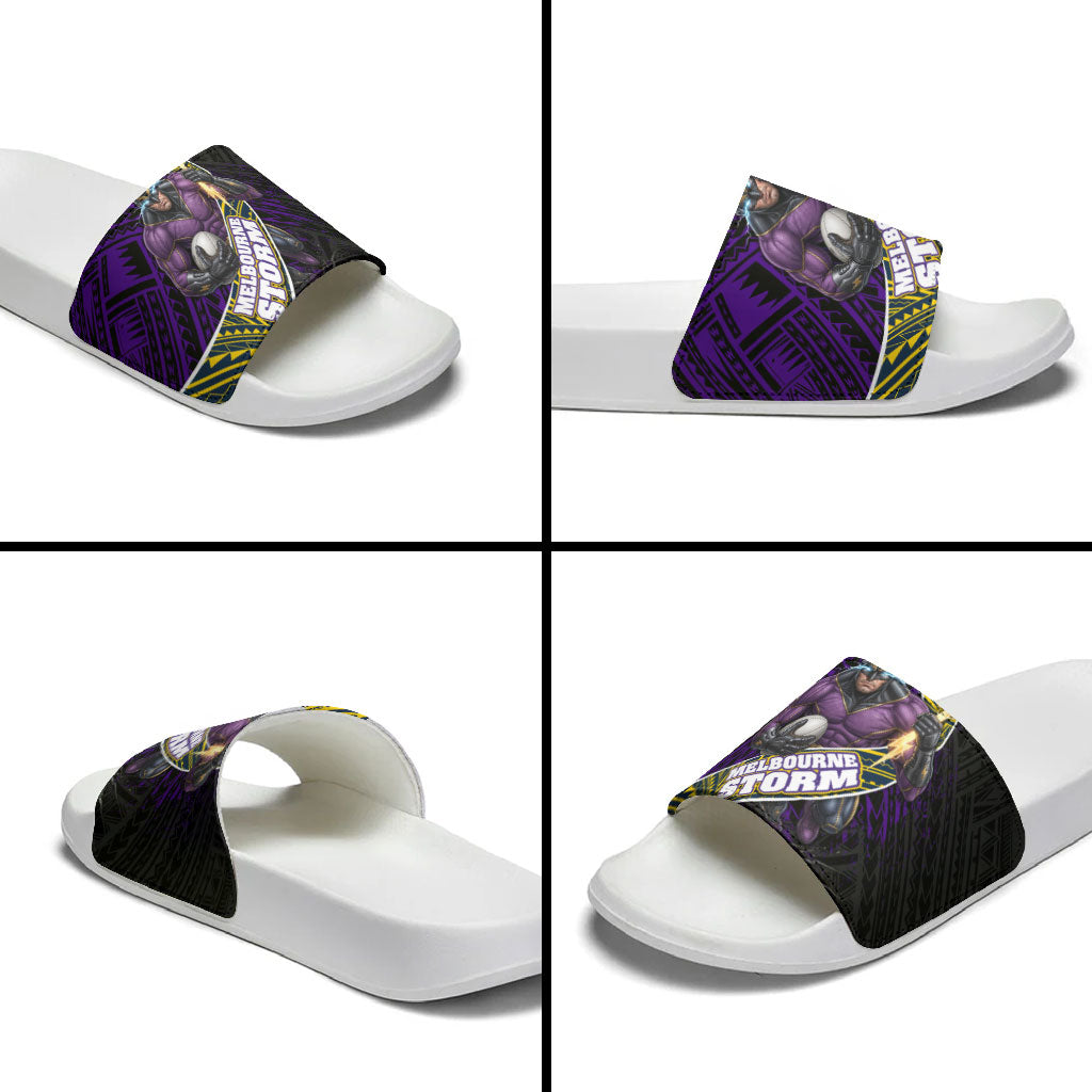 Melbourne Storm Rugby Slide Sandals Tribal Polynesian Power Art - Lightning Mascot