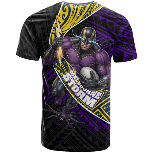 Melbourne Storm Rugby T Shirt Tribal Polynesian Power Art - Lightning Mascot