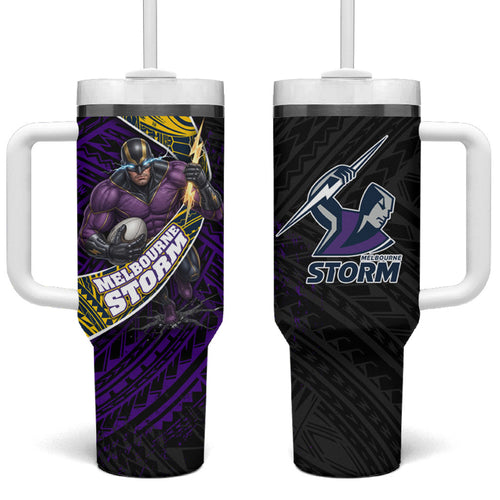 Melbourne Storm Rugby Tumbler With Handle Tribal Polynesian Power Art - Lightning Mascot