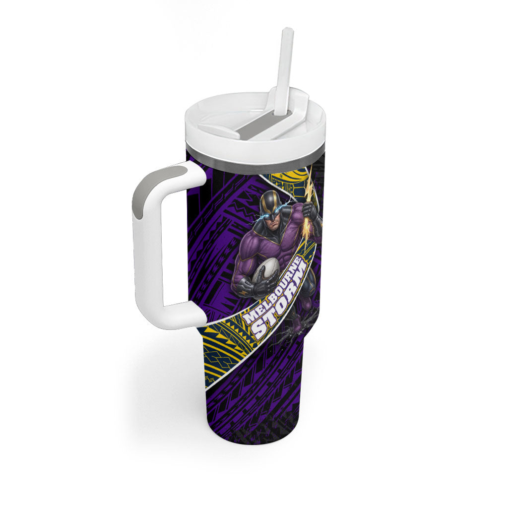 Melbourne Storm Rugby Tumbler With Handle Tribal Polynesian Power Art - Lightning Mascot