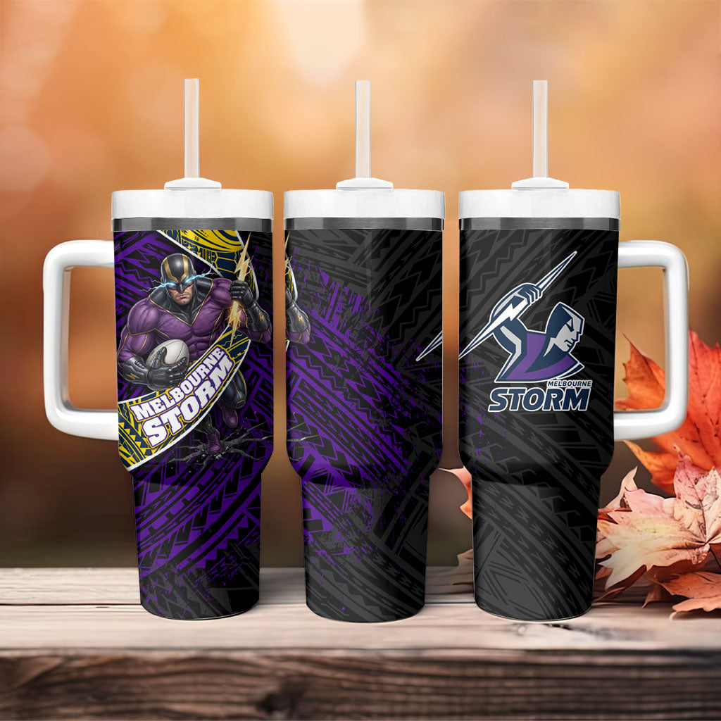 Melbourne Storm Rugby Tumbler With Handle Tribal Polynesian Power Art - Lightning Mascot