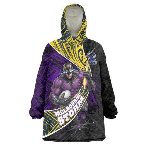 Melbourne Storm Rugby Wearable Blanket Hoodie Tribal Polynesian Power Art - Lightning Mascot