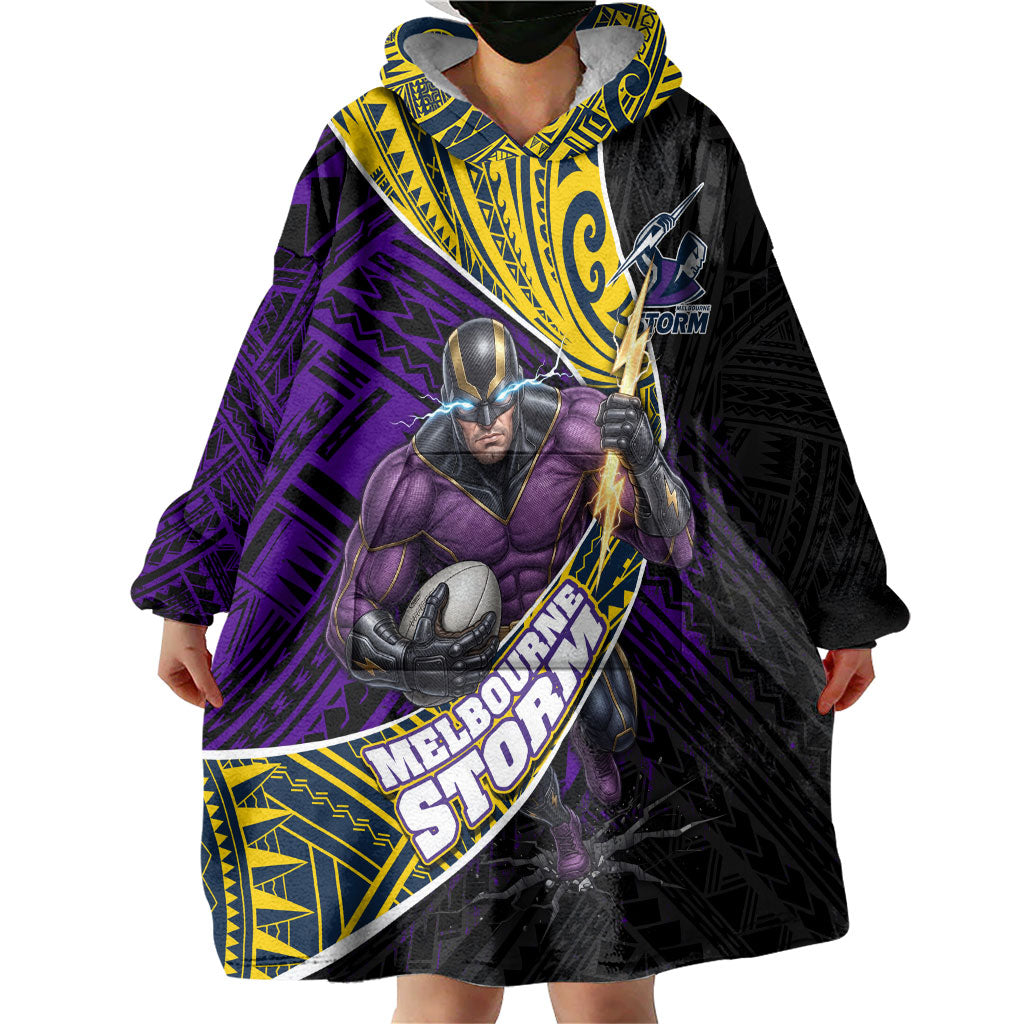 Melbourne Storm Rugby Wearable Blanket Hoodie Tribal Polynesian Power Art - Lightning Mascot
