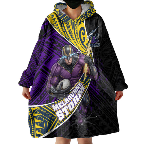Melbourne Storm Rugby Wearable Blanket Hoodie Tribal Polynesian Power Art - Lightning Mascot