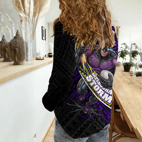 Melbourne Storm Rugby Women Casual Shirt Tribal Polynesian Power Art - Lightning Mascot