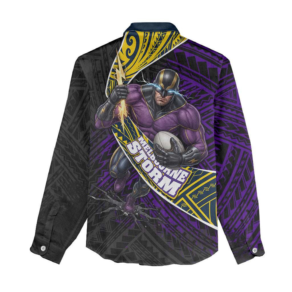 Melbourne Storm Rugby Women Casual Shirt Tribal Polynesian Power Art - Lightning Mascot