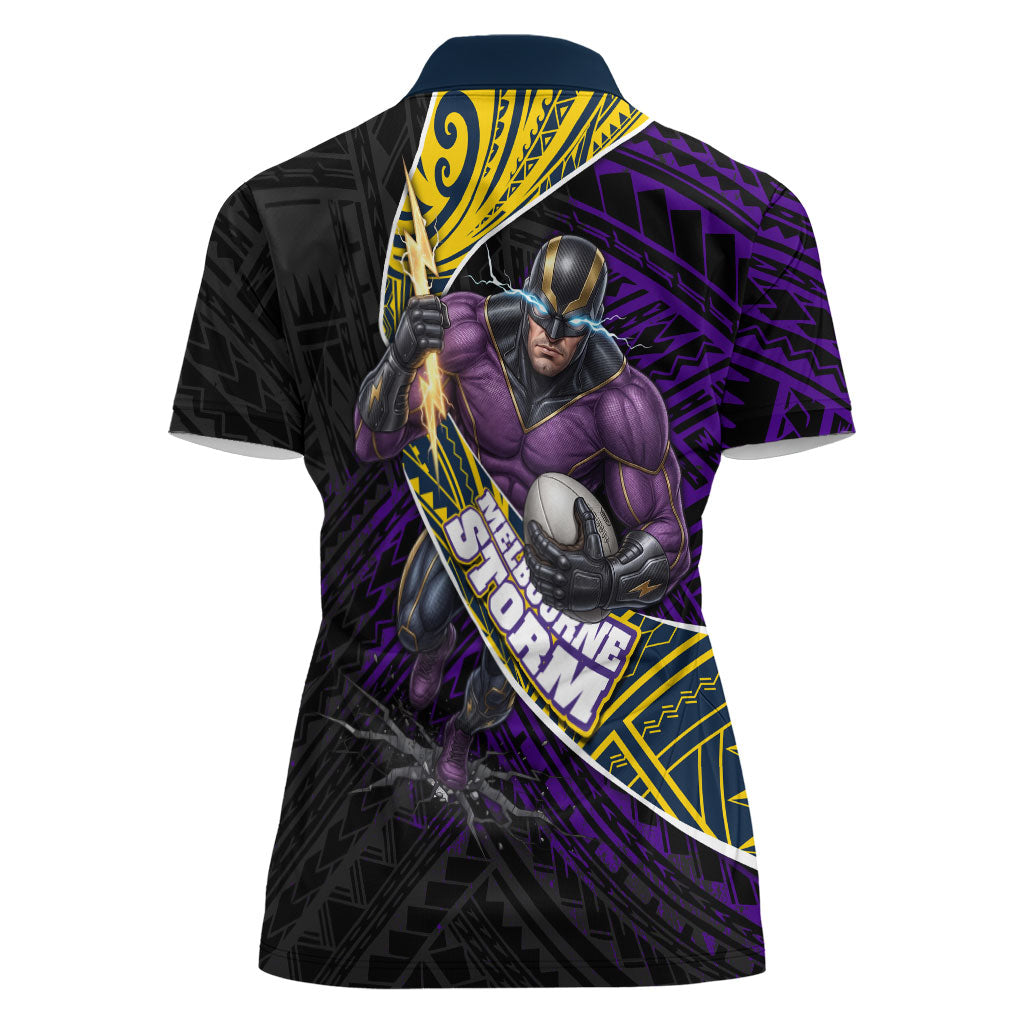 Melbourne Storm Rugby Women Polo Shirt Tribal Polynesian Power Art - Lightning Mascot