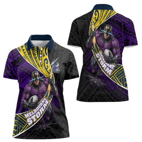 Melbourne Storm Rugby Women Polo Shirt Tribal Polynesian Power Art - Lightning Mascot