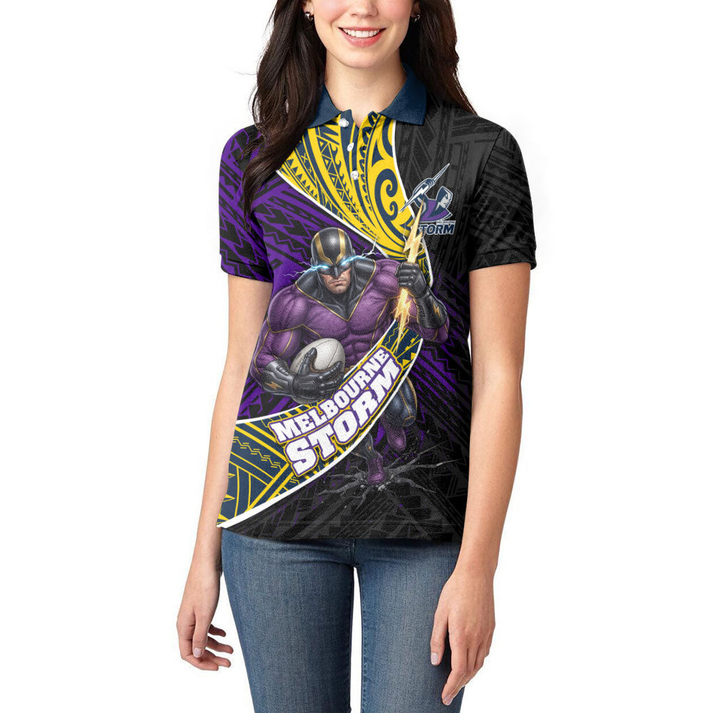 Melbourne Storm Rugby Women Polo Shirt Tribal Polynesian Power Art - Lightning Mascot