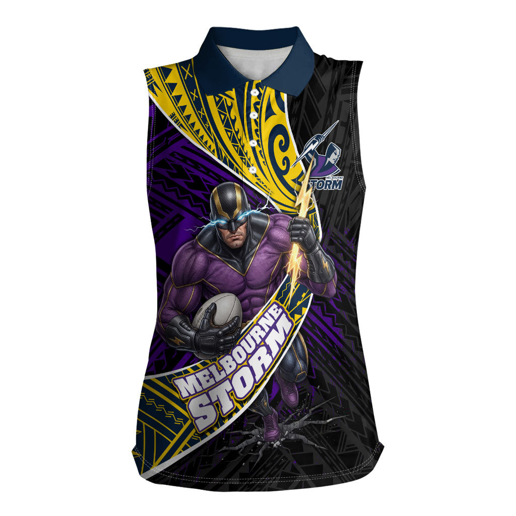 Melbourne Storm Rugby Women Sleeveless Polo Shirt Tribal Polynesian Power Art - Lightning Mascot